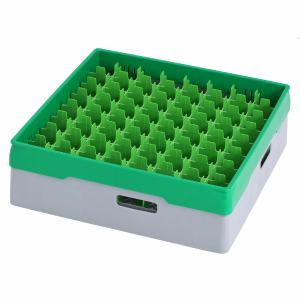 Grey compartment basket Metos with green heightening frame andcompartment for 64 x Ø52x120 mm glasses