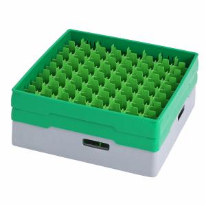 Grey compartment basket Metos with green heightening frame andcompartment for 64 x Ø52x170 mm glasses